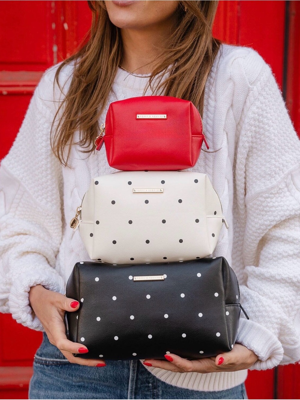 Poppy & Peonies Red, White & Black Polka Dot Cosmetic Bag Trio Set
